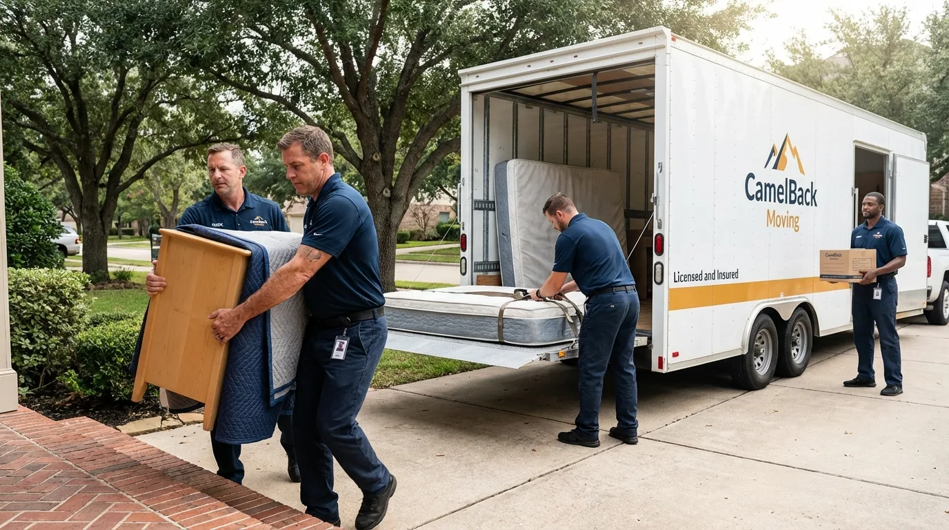 Crew loading residential truck for cross-state move from Portola, CA
