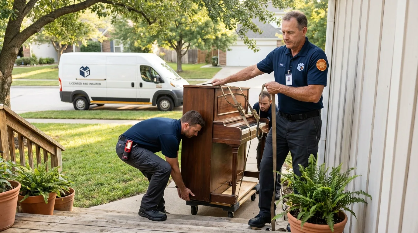 Licensed piano movers securing grand piano in Portola, CA