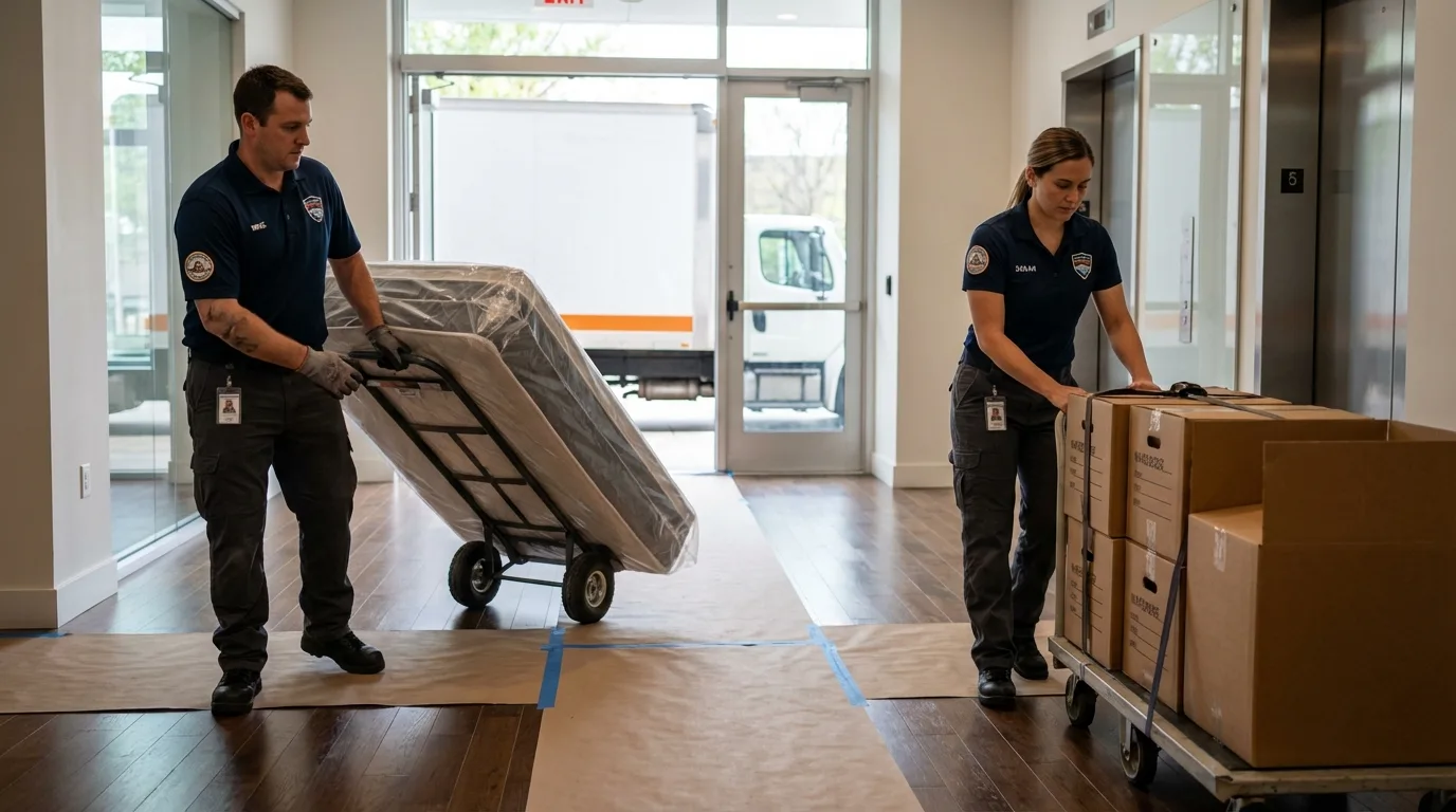 Professional apartment movers loading elevator in Portola, CA