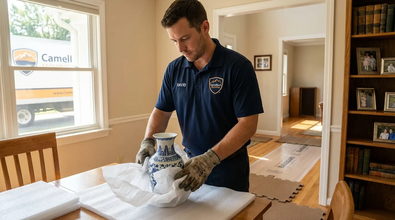 Professional crew carefully wrapping antique vase for senior downsizing move in Portola, CA